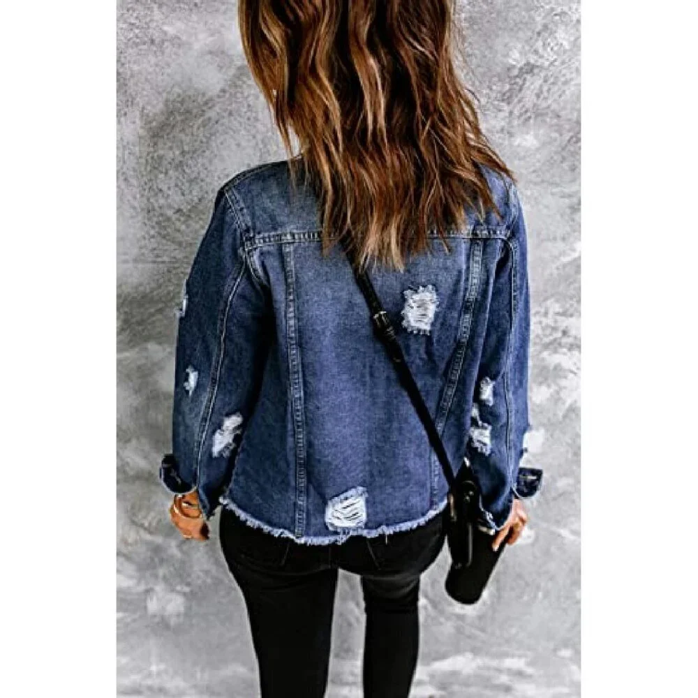 Distressed Denim Jacket Boyfriend Fit Cotton Blend Long Sleeve Button Up